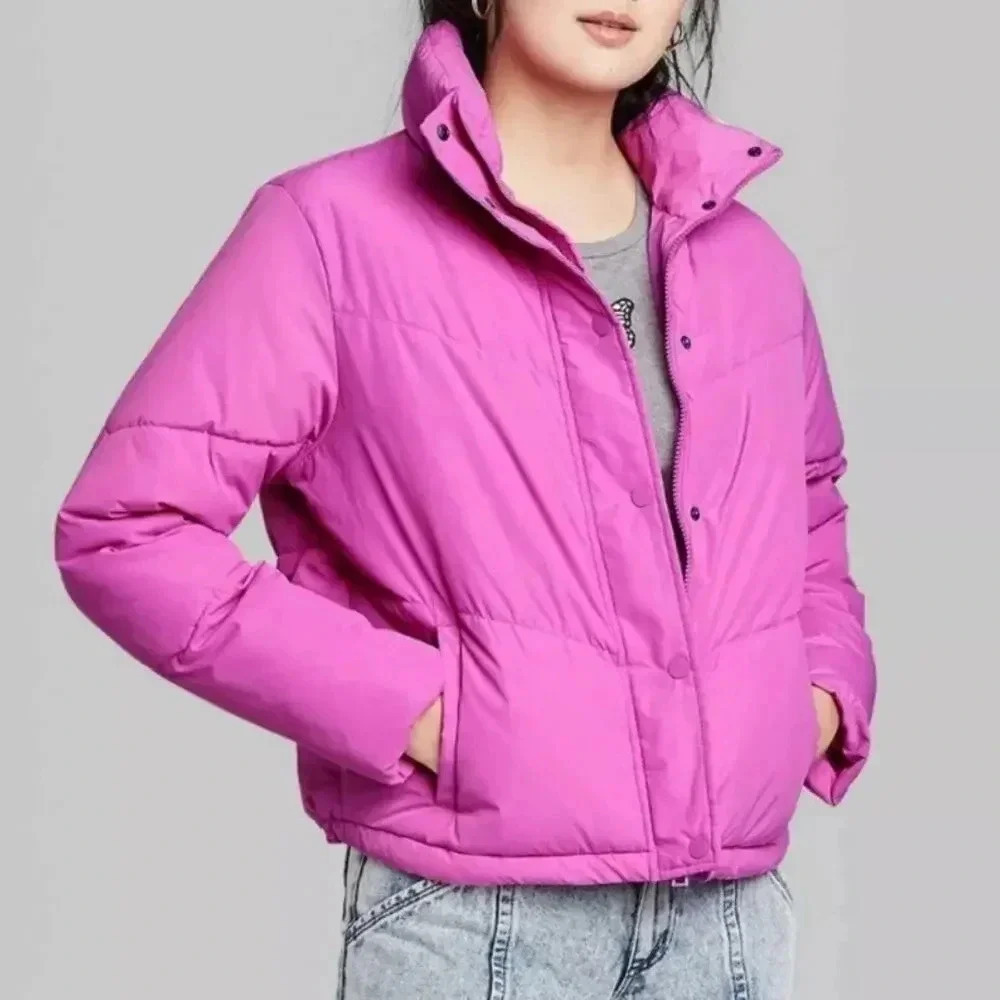 Wild Fable Cropped Puffer Coat Jacket in Magenta Pink Size L